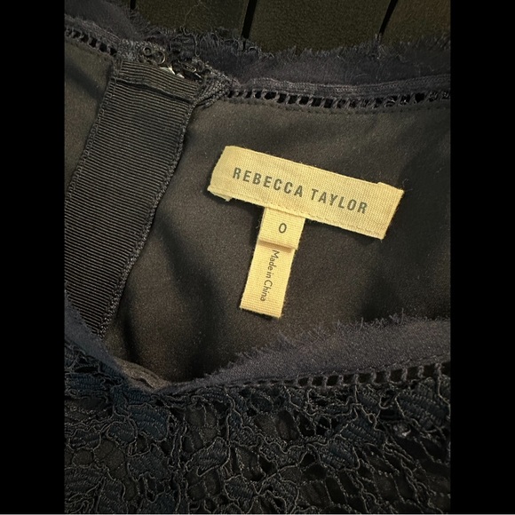 REBECCA TAYLOR $425 Navy Blue Lace Dress Black Pleated Skirt Silk Mix Contrast - Picture 11 of 15